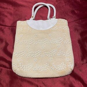 Vintage White Hand Made Beaded Bag Made In Hong Kong